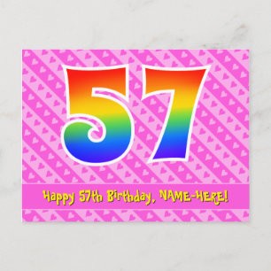 57th Birthday: Pink Stripes & Hearts, Rainbow 57 Postcard