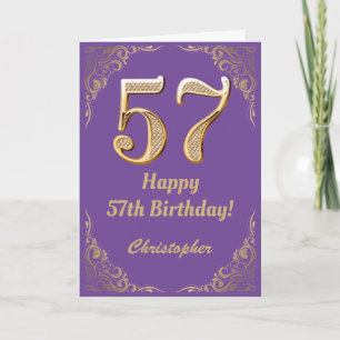 57th Birthday Purple and Gold Glitter Frame Card