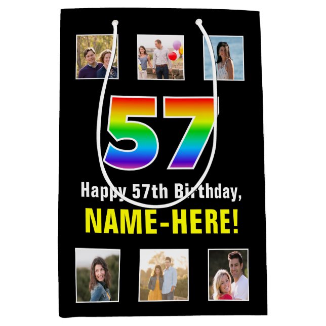 57th Birthday: Rainbow “57“, Custom Photos & Name Medium Gift Bag (Front)