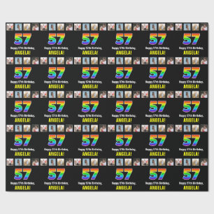 57th Birthday: Rainbow “57“; Custom Photos & Name Wrapping Paper