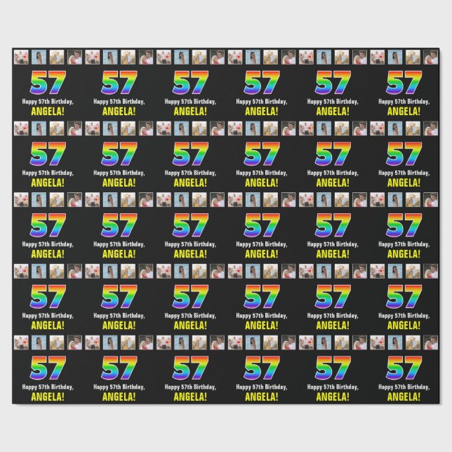 57th Birthday: Rainbow “57“; Custom Photos & Name Wrapping Paper (Seam)