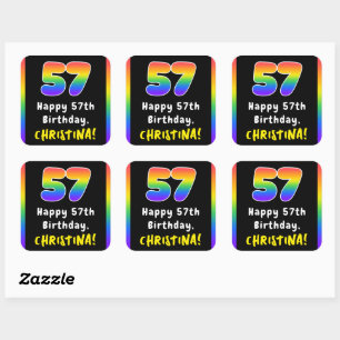57th Birthday: Rainbow Spectrum # 57, Custom Name Square Sticker