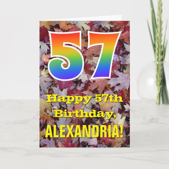 57th Birthday; Rustic Autumn Leaves; Rainbow "57" Card (Front)