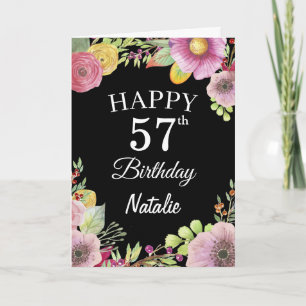 57th Birthday Watercolor Floral Flowers Black Card