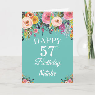 57th Birthday Watercolor Floral Flowers Teal Card