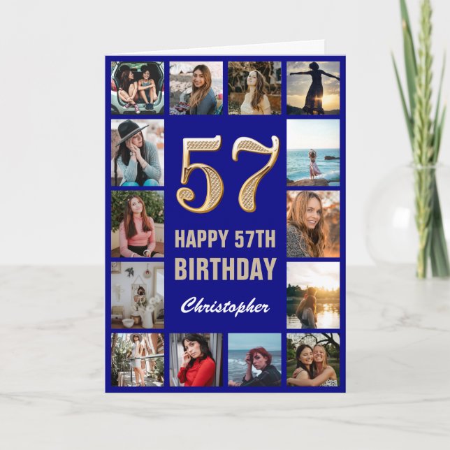 57th Happy Birthday Navy Blue & Gold Photo Collage Card (Front)