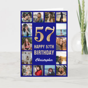 57th Happy Birthday Navy Blue & Gold Photo Collage Card