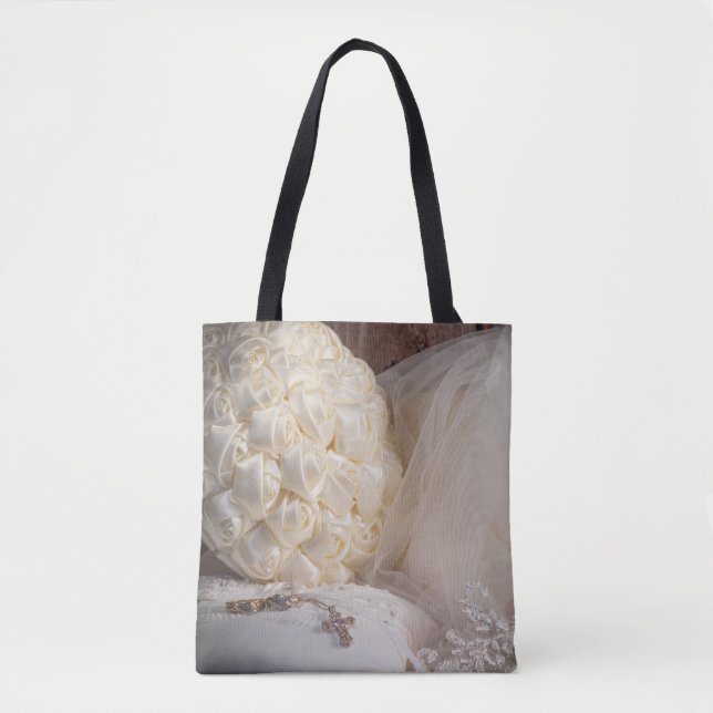 5882-Wedding Bouquet, Rings, Cross, Veil Tote Bag (Front)