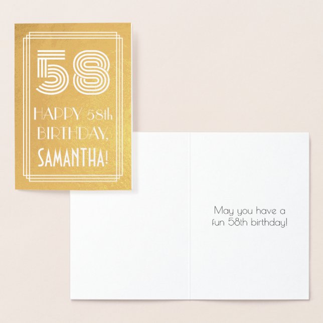 58th Birthday – Art Deco Inspired Look "58" + Name Foil Card (Display)