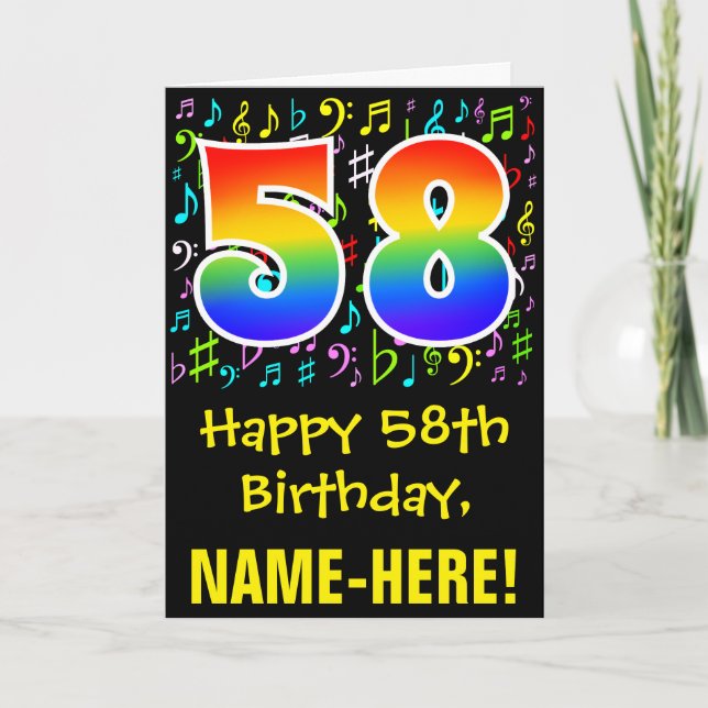 58th Birthday: Colorful Music Symbols + Rainbow 58 Card (Front)