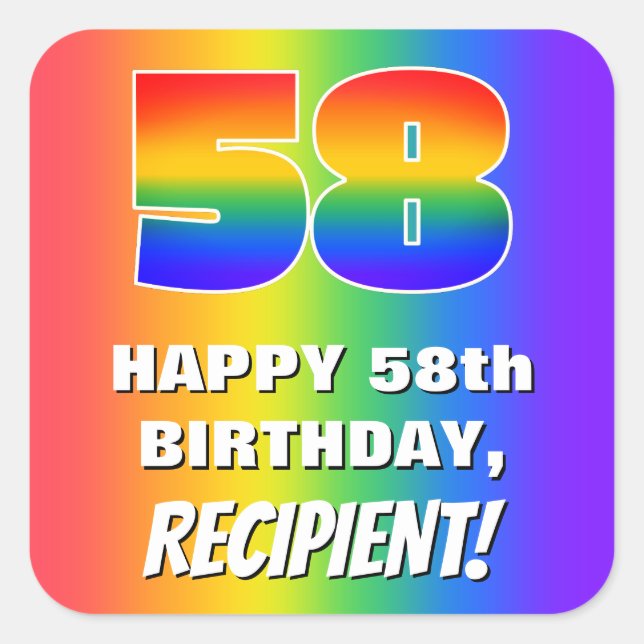 58th Birthday: Colourful, Fun Rainbow Pattern # 58 Square Sticker (Front)