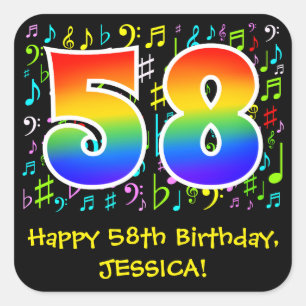 58th Birthday: Colourful Music Symbols, Rainbow 58 Square Sticker