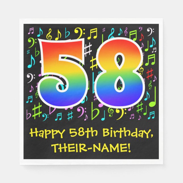 58th Birthday - Colourful Music Symbols, Rainbow 5 Napkin (Front)