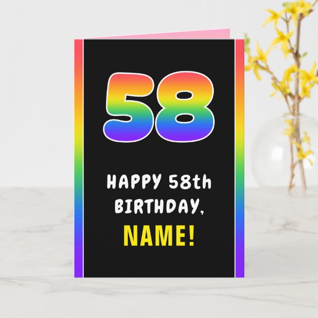 58th Birthday: Colourful Rainbow # 58, Custom Name Card (Yellow Flower)