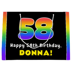 58th Birthday: Colourful Rainbow # 58, Custom Name Large Gift Bag