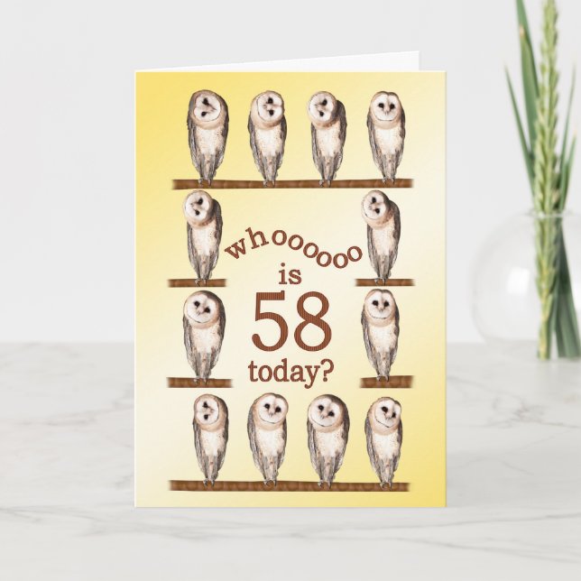 58th birthday, Curious owls card. Card (Front)