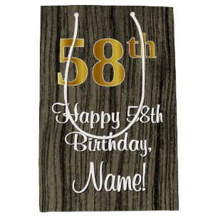 58th Birthday: Elegant Faux Gold Look #, Faux Wood Medium Gift Bag