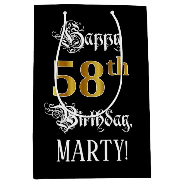 58th Birthday ~ Fancy Script; Faux Gold Look; Name Medium Gift Bag (Front)