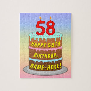 58th Birthday: Fun Cake and Candles + Custom Name Jigsaw Puzzle