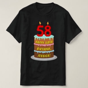 58th Birthday — Fun Cake & Candles, w/ Custom Name T-Shirt