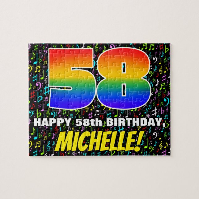 58th Birthday — Fun, Colourful Music Symbols & “58 Jigsaw Puzzle (Horizontal)