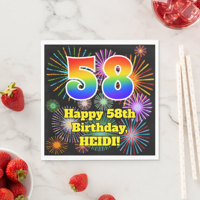 58th Birthday: Fun Fireworks Pattern + Rainbow 58 Napkin (Insitu)