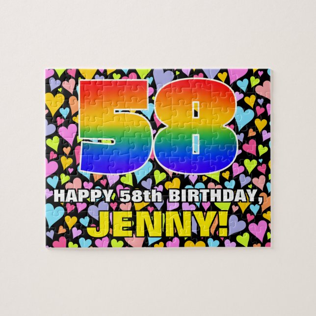 58th Birthday — Fun, Loving Heart Shapes + “58” Jigsaw Puzzle (Horizontal)