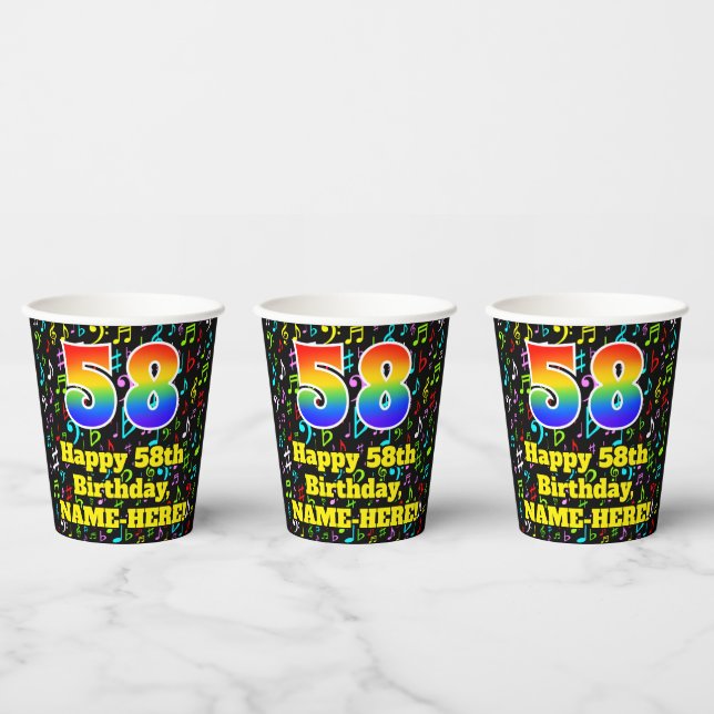 58th Birthday: Fun Music Notes Pattern, Rainbow 58 Paper Cups (Multi)