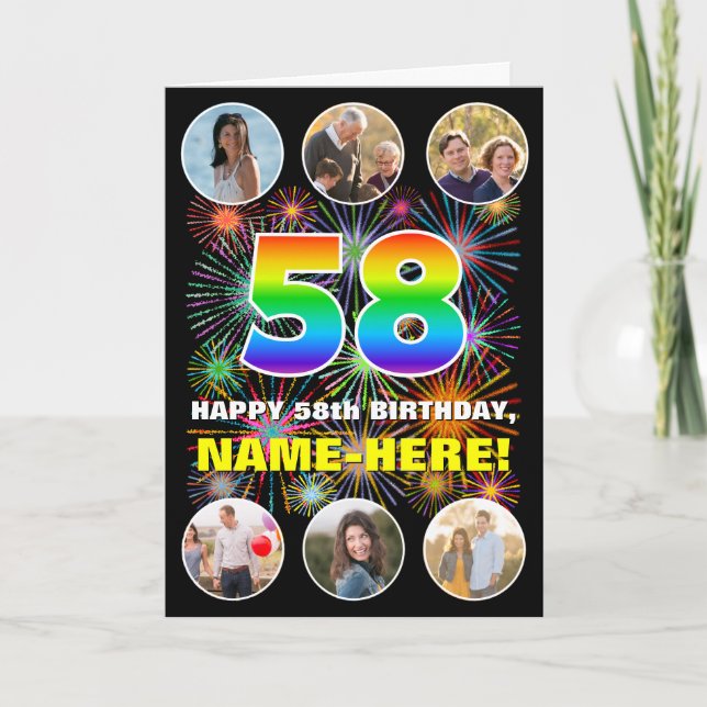 58th Birthday: Fun Rainbow #, Custom Name & Photos Card (Front)