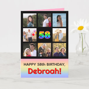 58th Birthday: Fun Rainbow #, Custom Photos + Name Card