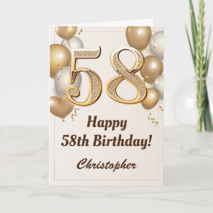 58th Birthday Gold Balloons and Confetti Birthday Card