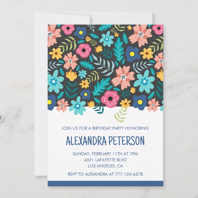 58th birthday invitations Floral Pattern Navy blue (Front)