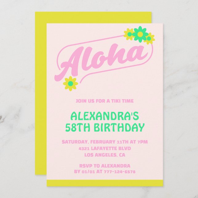 58th birthday invitations Tropical Aloha Pink (Front/Back)