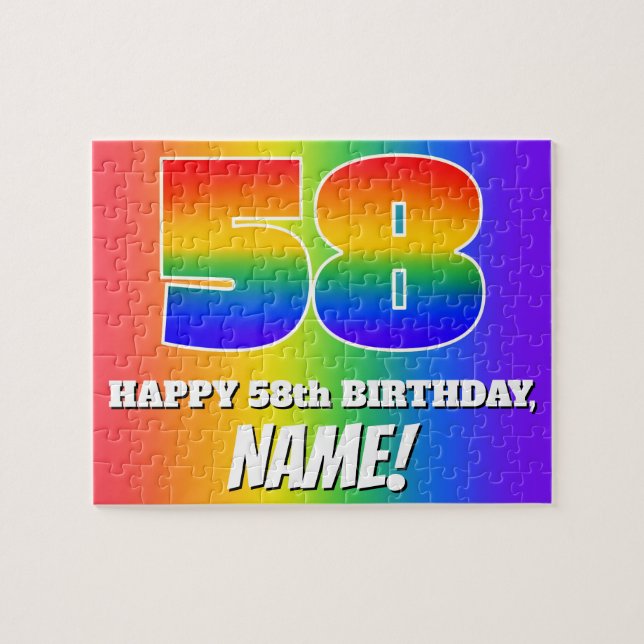 58th Birthday — Multicolored Rainbow Pattern “58” Jigsaw Puzzle (Horizontal)