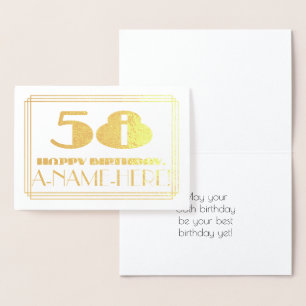 58th Birthday; Name + Art Deco Inspired Look "58" Foil Card