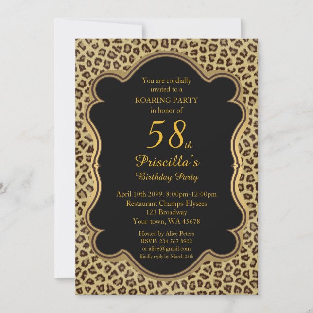 58th,Birthday Party 58th,Cheetah, Black & Gold Invitation (Front)
