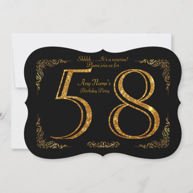58th,Birthday party 58th,great Gatsby,black & gold Invitation (Front)