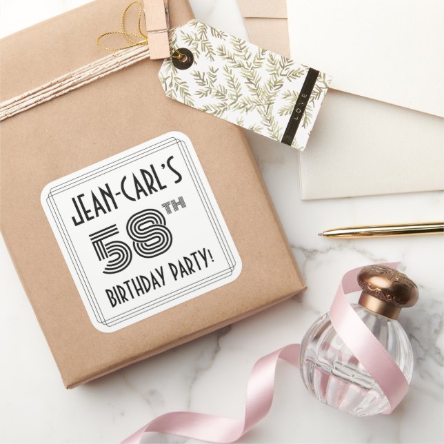58th Birthday Party: Art Deco Style + Custom Name Square Sticker (Gifting)