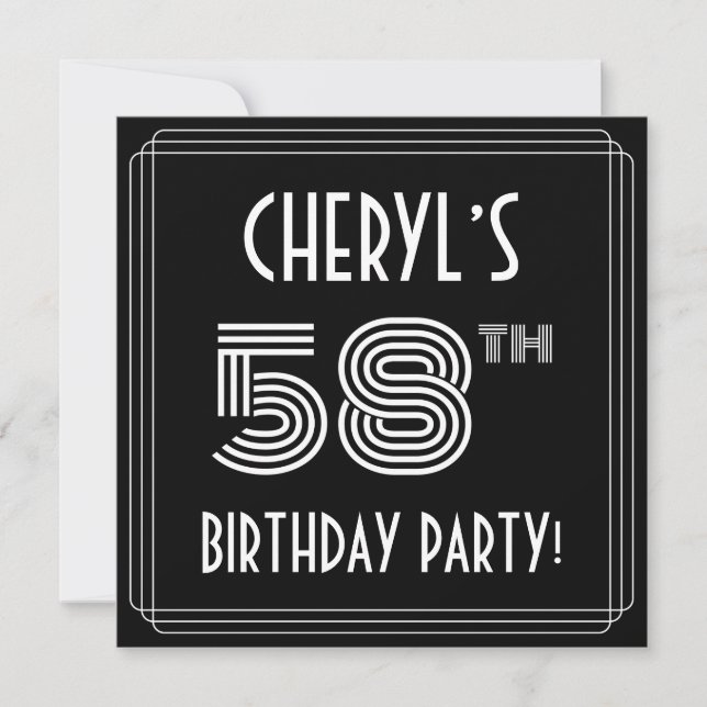 58th Birthday Party: Art Deco Style w/ Custom Name Invitation (Front)