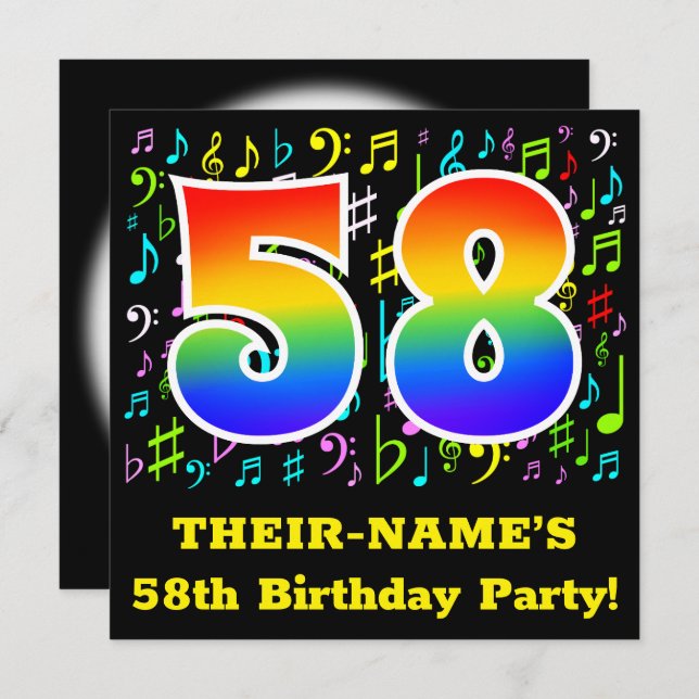 58th Birthday Party: Fun Music Symbols, Rainbow 58 Invitation (Front/Back)