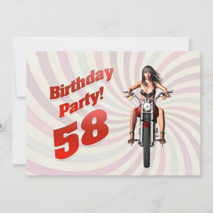 58th birthday party with a girl on a motorbike invitation