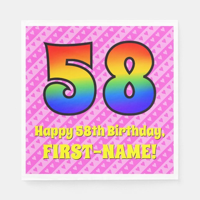58th Birthday: Pink Stripes & Hearts, Rainbow # 58 Napkin (Front)