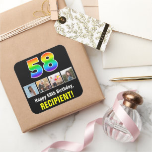 58th Birthday: Rainbow “58”; Custom Photos & Name Square Sticker