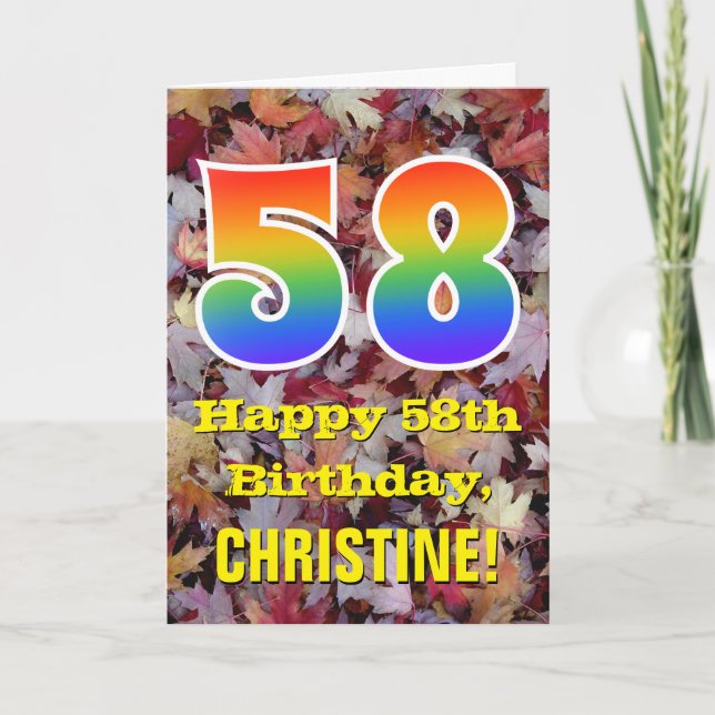 58th Birthday; Rustic Autumn Leaves; Rainbow "58" Card (Front)