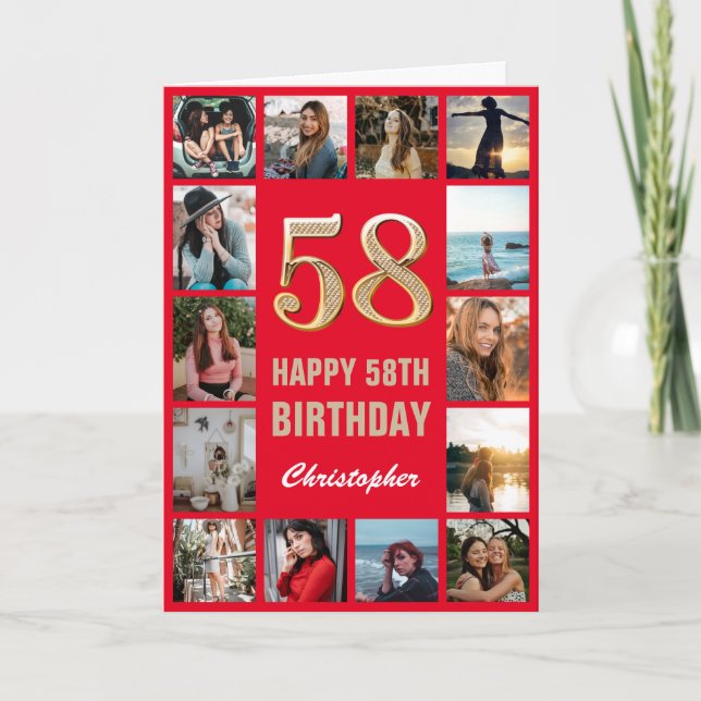 58th Happy Birthday Red and Gold Photo Collage Card (Front)