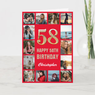 58th Happy Birthday Red and Gold Photo Collage Card