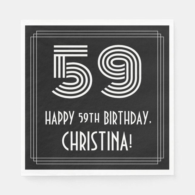 59th Birthday: Art Deco Inspired Look "59" + Name Napkin (Front)