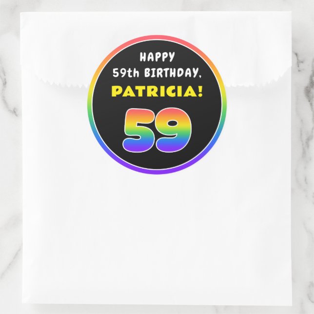 59th Birthday: Colourful Rainbow # 59, Custom Name Classic Round Sticker (Bag)
