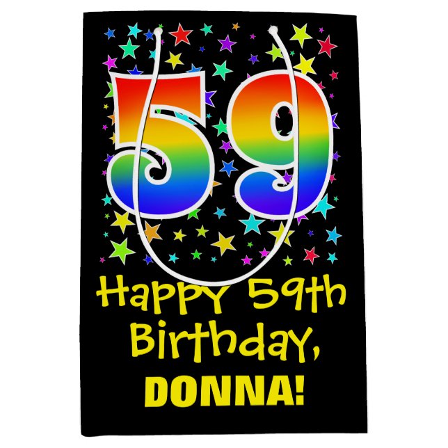 59th Birthday: Colourful Stars Pattern & Rainbow 5 Medium Gift Bag (Front)
