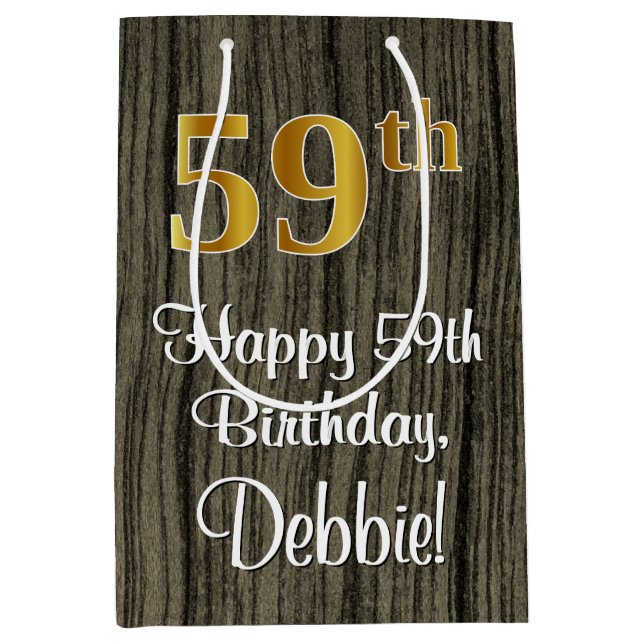 59th Birthday: Elegant Faux Gold Look #, Faux Wood Medium Gift Bag (Front)